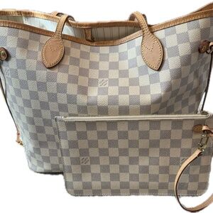 Louis Vuitton Cream Checkered Neverfull Tote with Wristlet